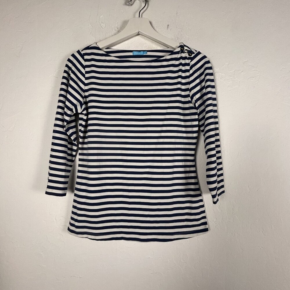 J.McLaughlin Women Navy White Striped 3/4 Sleeve Boat Neck Top XS Stretch Casual